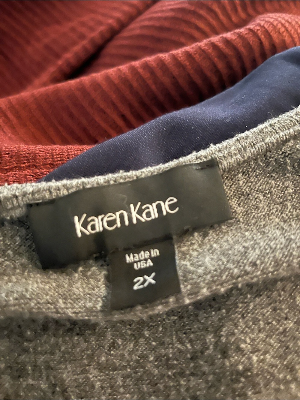 Karen Kane Long Sleeve Dress in Gray with Burgundy and Navy Details